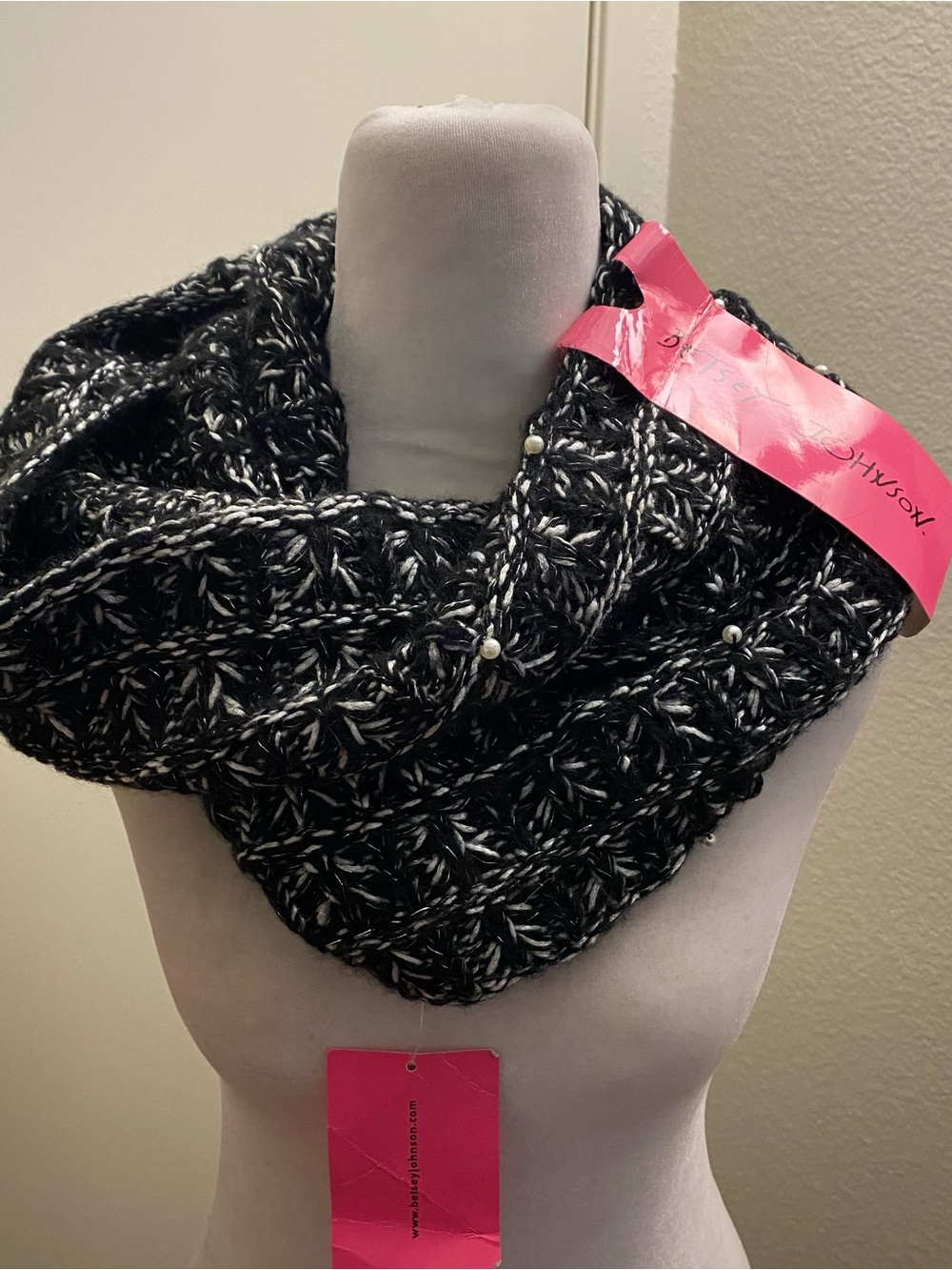 Betsey Johnson Black & White Marled Knit Scarf with Silver Thread
